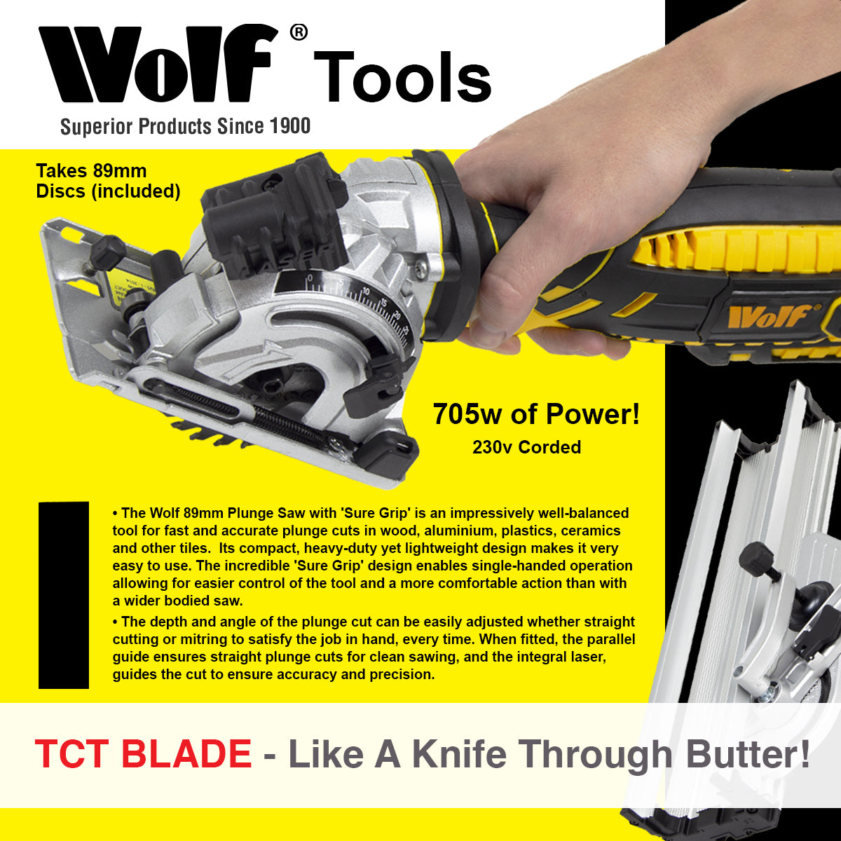 Wolf 89mm Compact Circular Saw 705w with Aluminium Mitre Base