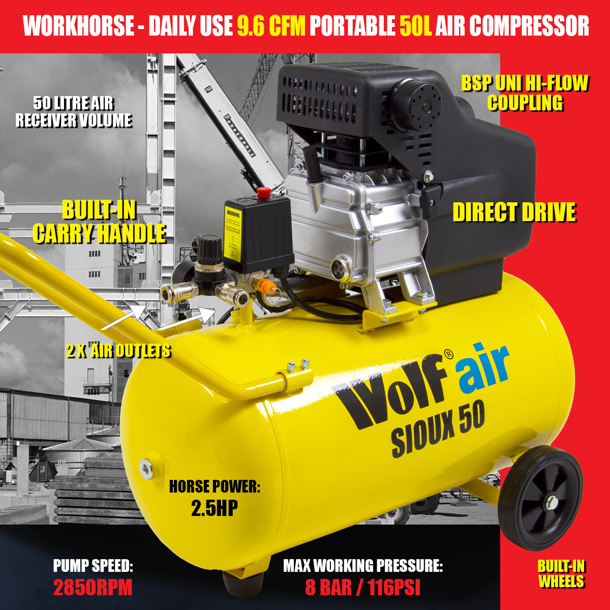 Wolf Sioux 50 9.6CFM 2.5HP Portable Air Compressor 50L