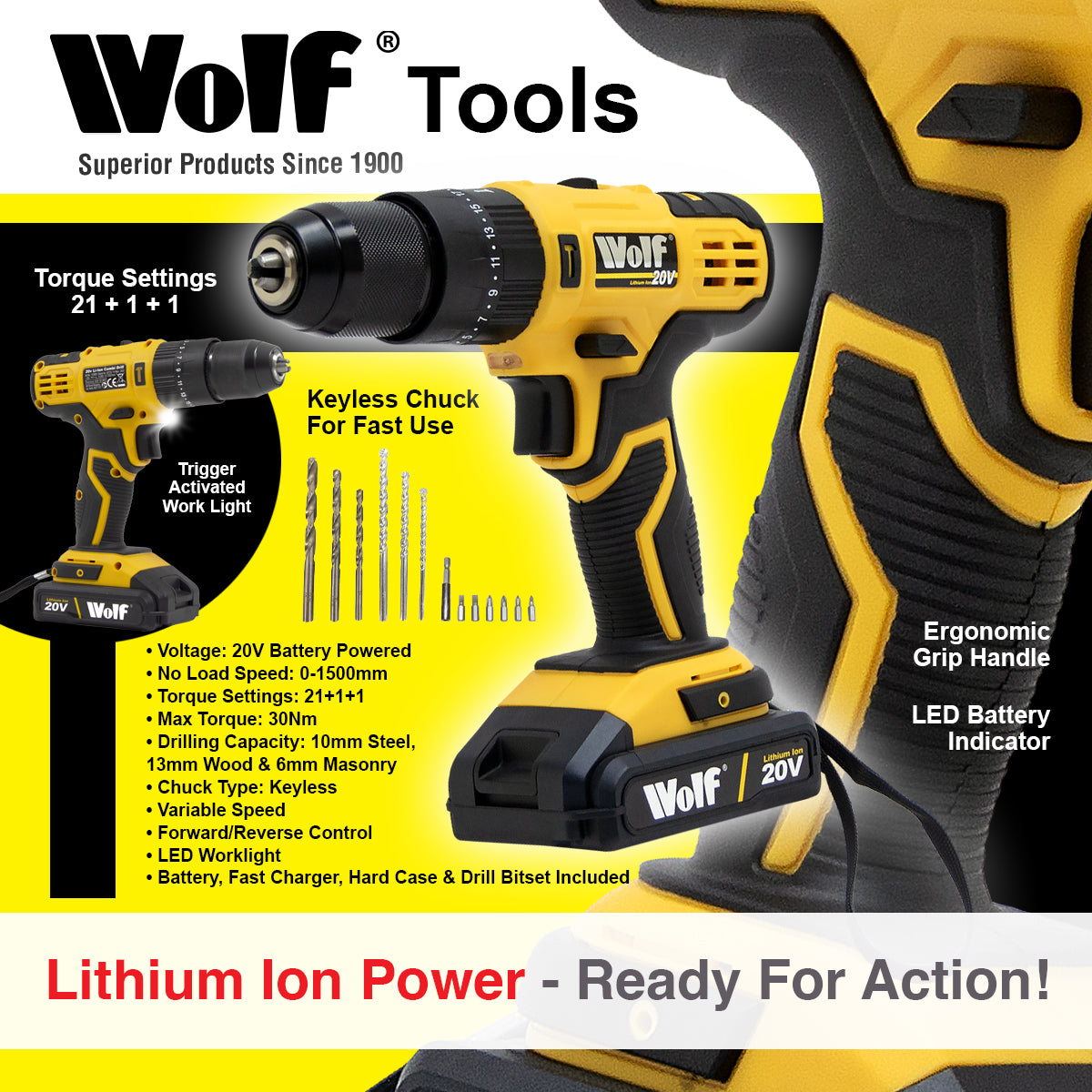 Wolf Cordless 20V Combi Impact Drill