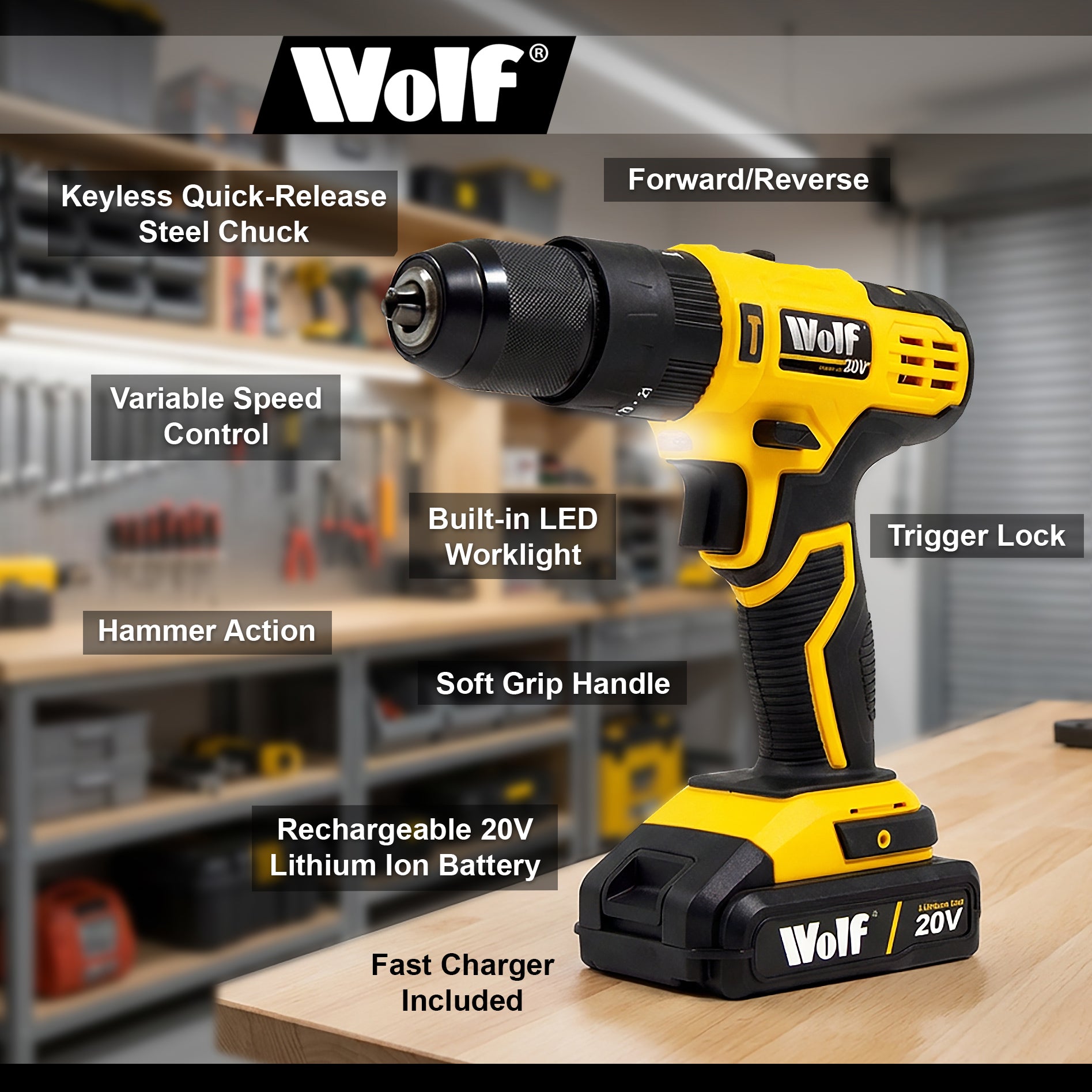 Wolf Cordless 20V Combi Impact Drill