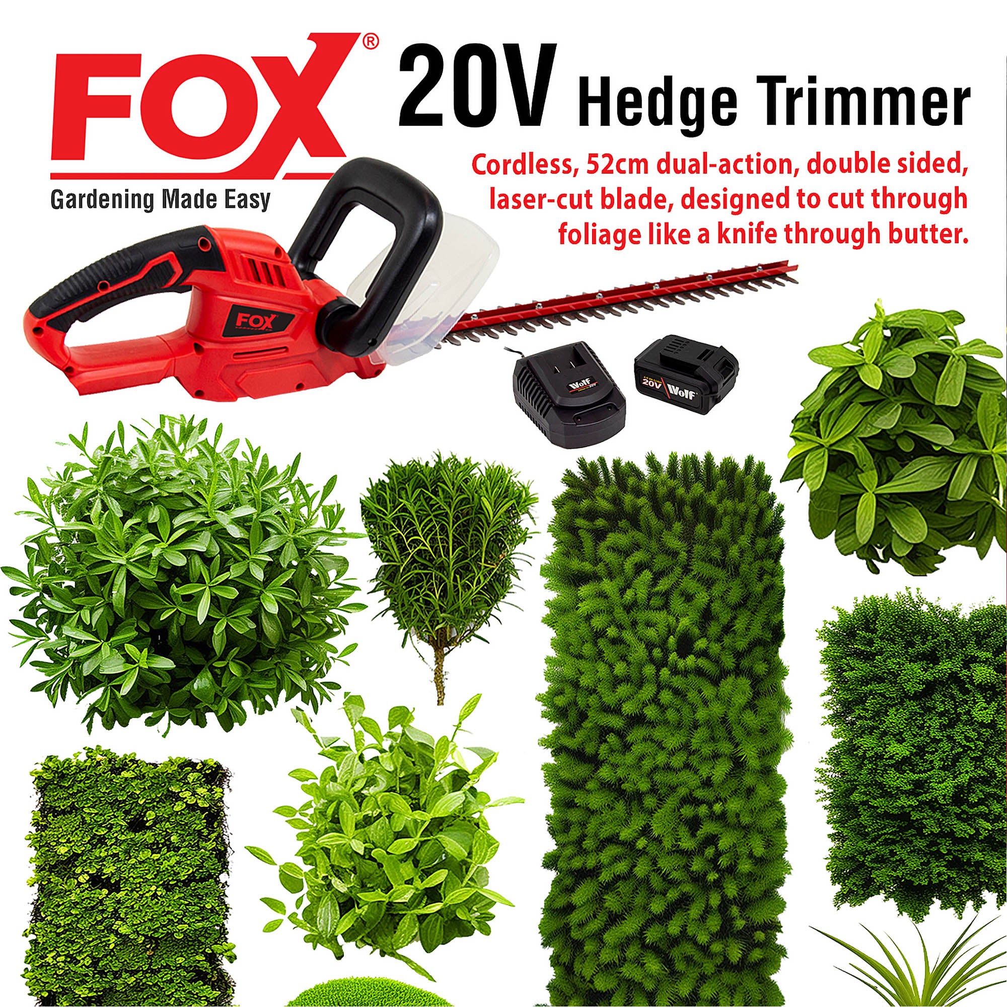 Fox Cordless 52cm Hedge Trimmer with 20V 4Ah Battery & Charger