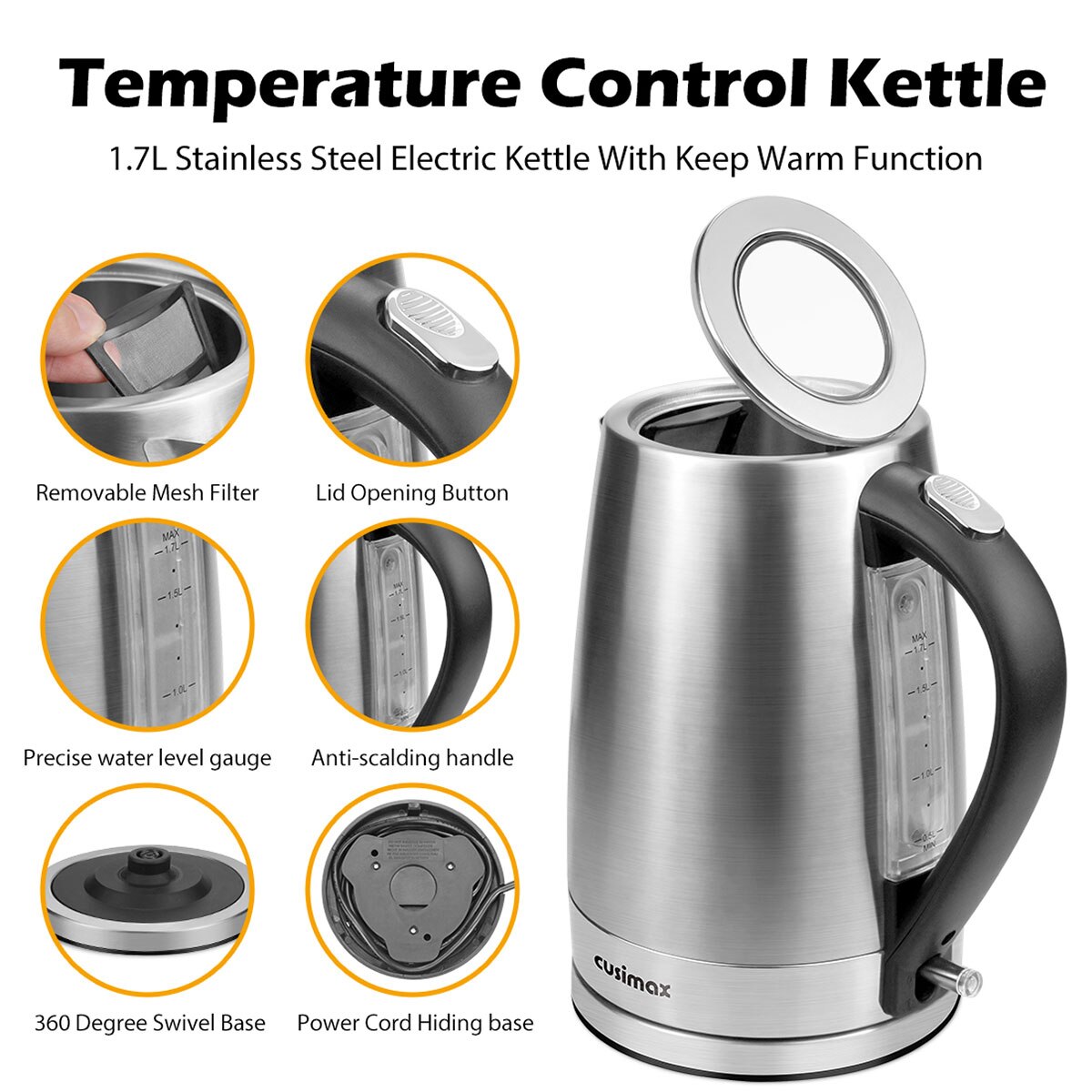 Cusimax 1.7L Kettle Rapid Boil Stainless Steel with 360¬° Base - Image 4