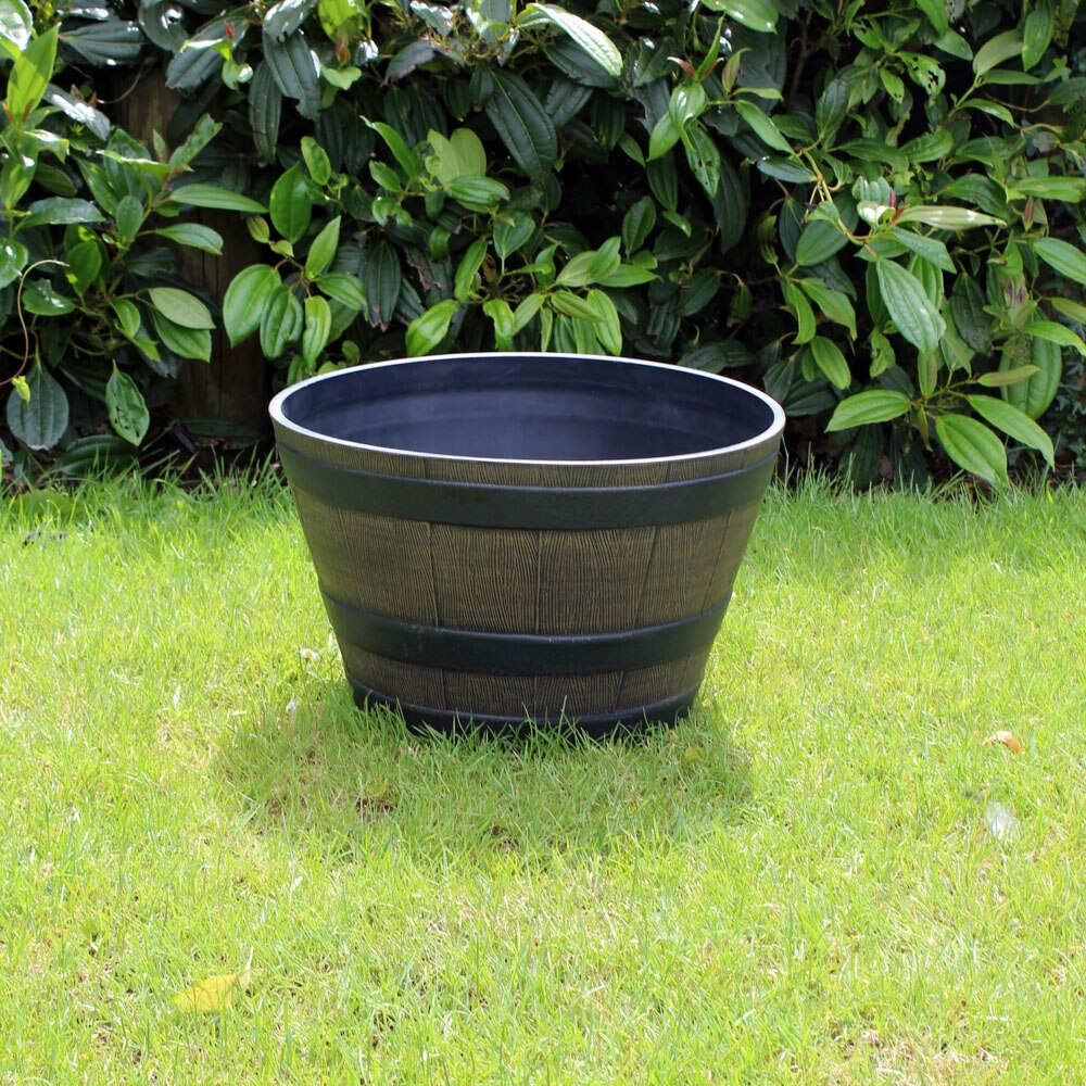 Medium Wooden Barrel Effect Plastic Planter - Image 3