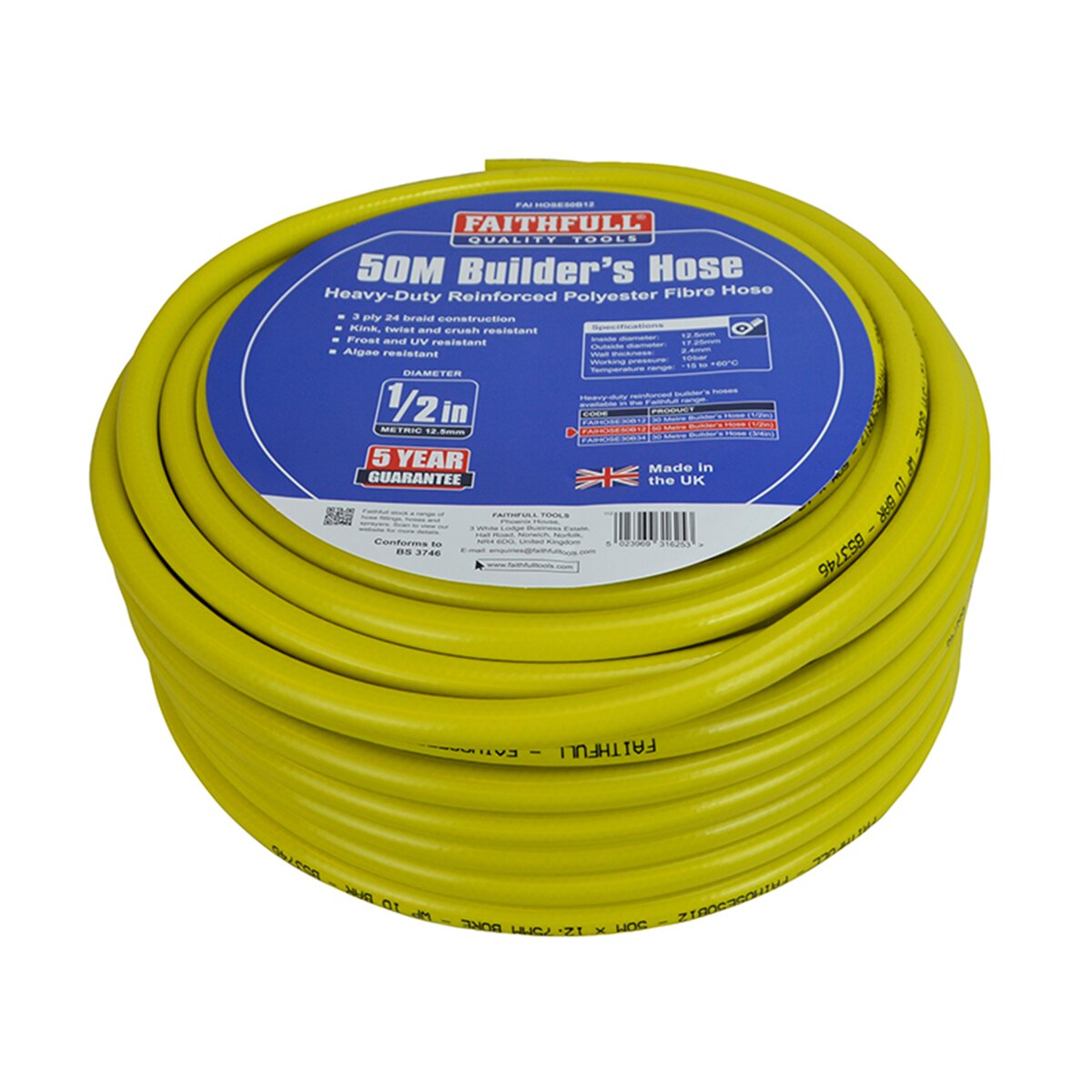 Faithfull Heavy-Duty Reinforced Builder's Hose 50m 12.5mm (1/2in) Diameter - FAIHOSE50B12 - Image 2