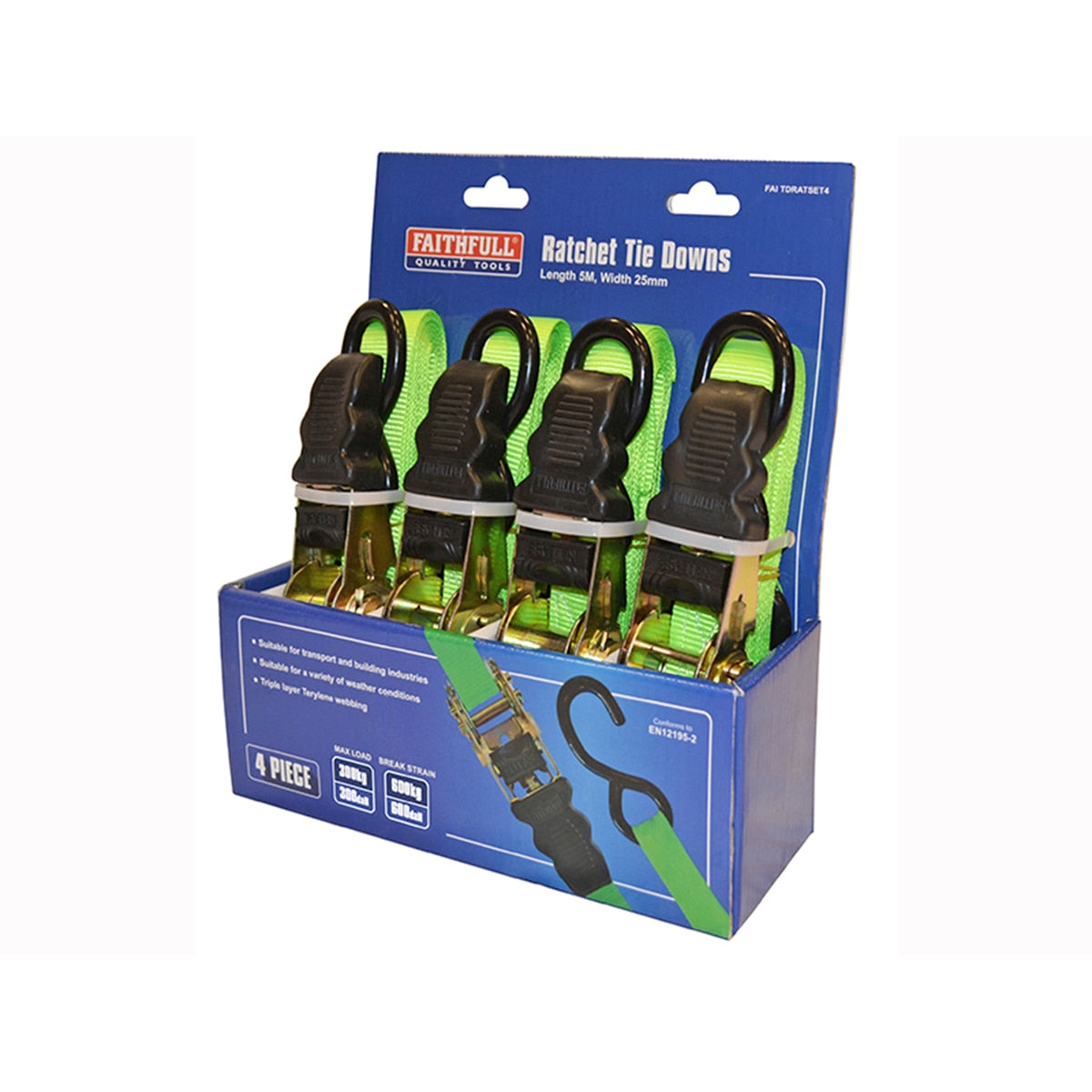 Faithfull Ratchet Tie-Downs 5m x 25mm Green 4 Piece - FAITDRATSET4 - Image 1
