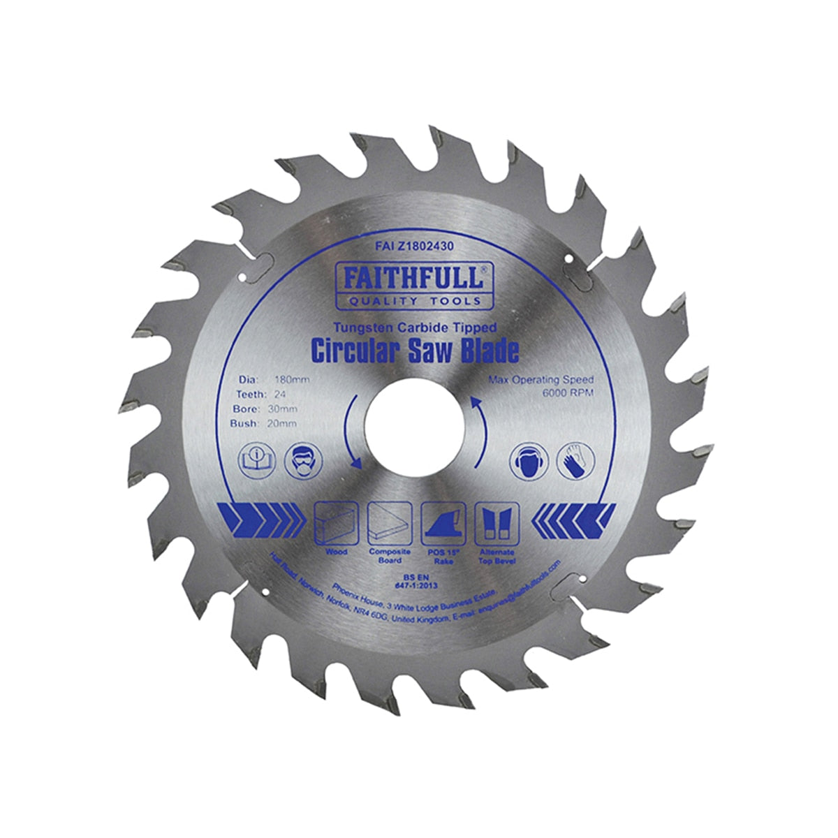 Faithfull TCT Circular Saw Blade 180 x 30mm x 24T POS - FAIZ1802430 - Image 1