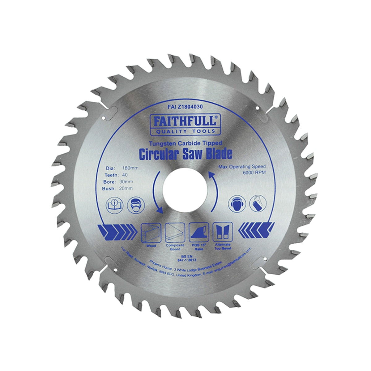 Faithfull TCT Circular Saw Blade 180 x 30mm x 40T POS - FAIZ1804030 - Image 1