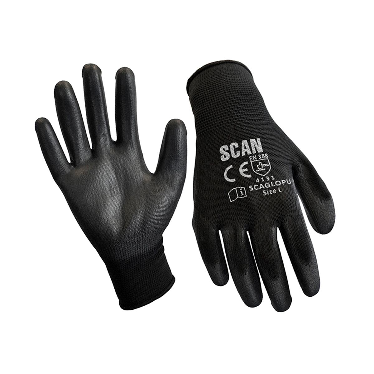 Scan Black PU Coated Gloves - L (Size 9) (12 Pairs) - SCAGLOPU12 - Image 1