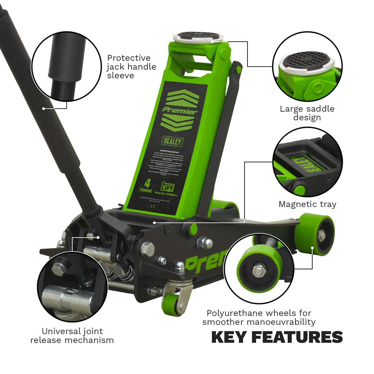 Sealey Trolley Jack 4 Tonne Rocket Lift Green - Image 8