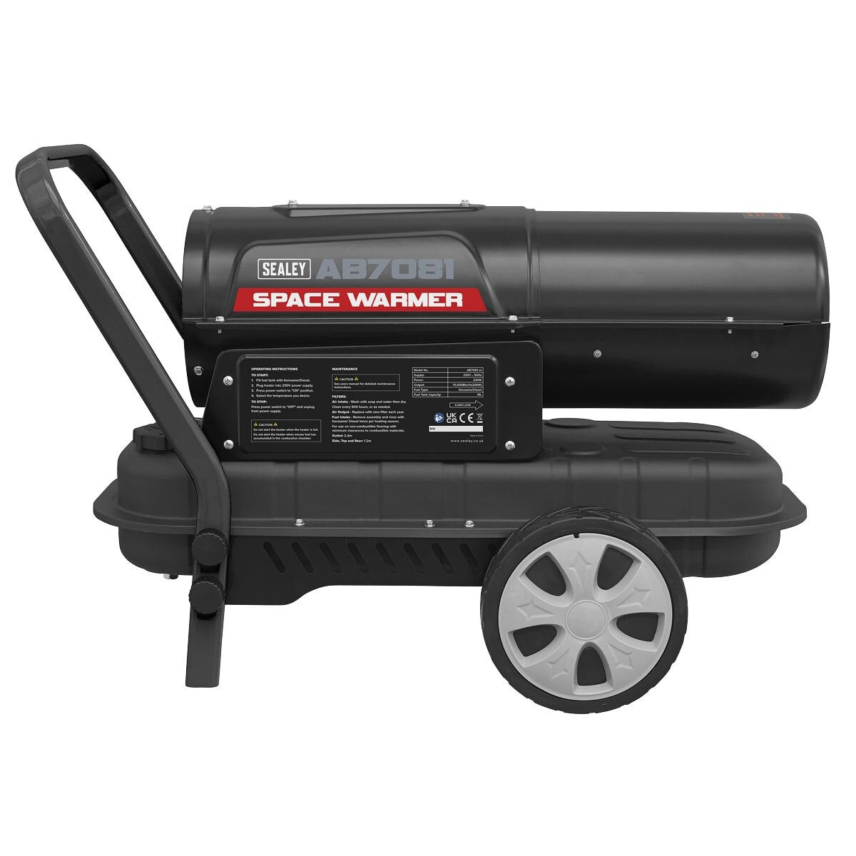Sealey Space Warmer Paraffin/Kerosene/Diesel Heater 70,000Btu/hr with Wheels - Image 6
