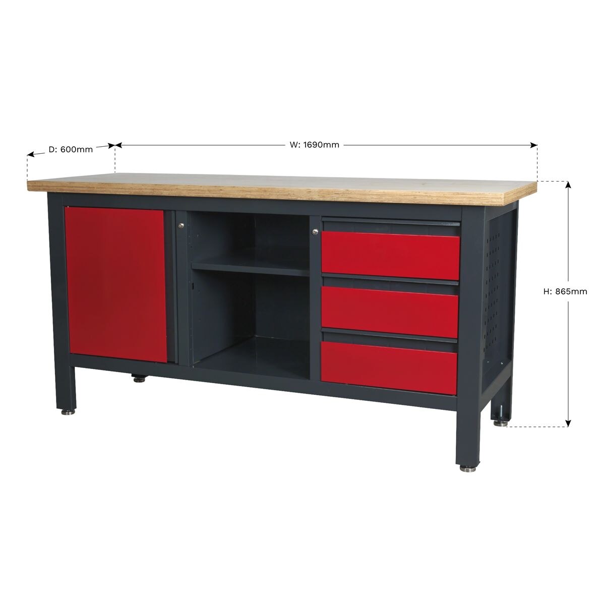 Sealey Workstation with 3 Drawers, 1 Cupboard & Open Storage - Image 5