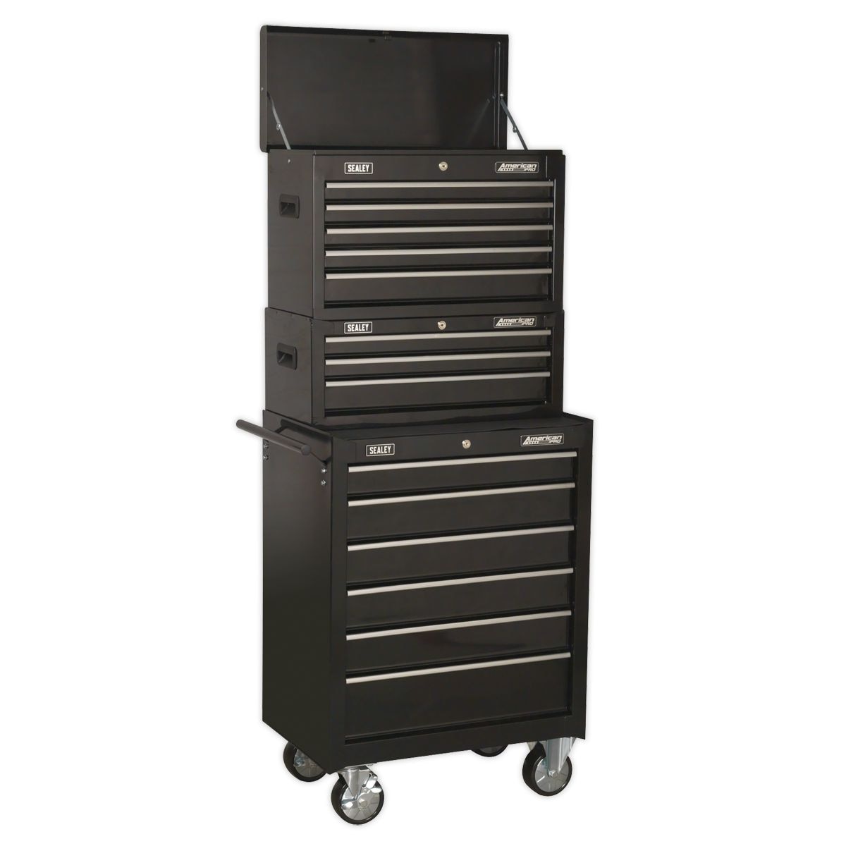 Sealey Topchest, Mid-Box & Rollcab 14 Drawer Stack Black - Image 1