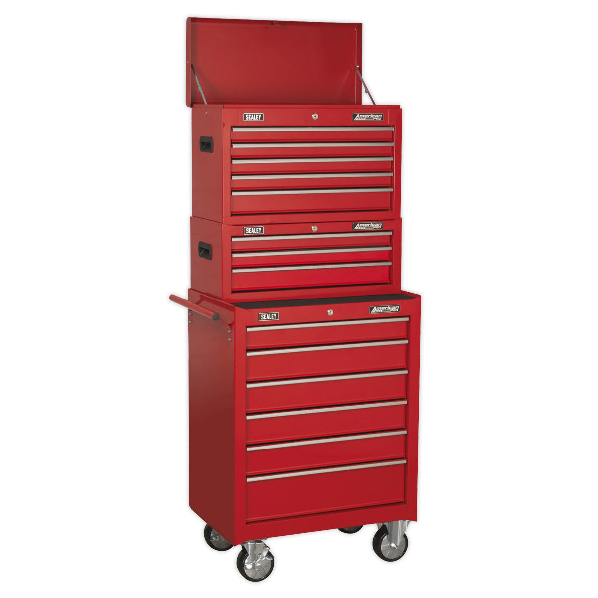 American PRO Topchest, Mid-Box Tool Chest & Rollcab Stack 14 Drawer - Red AP22STACK