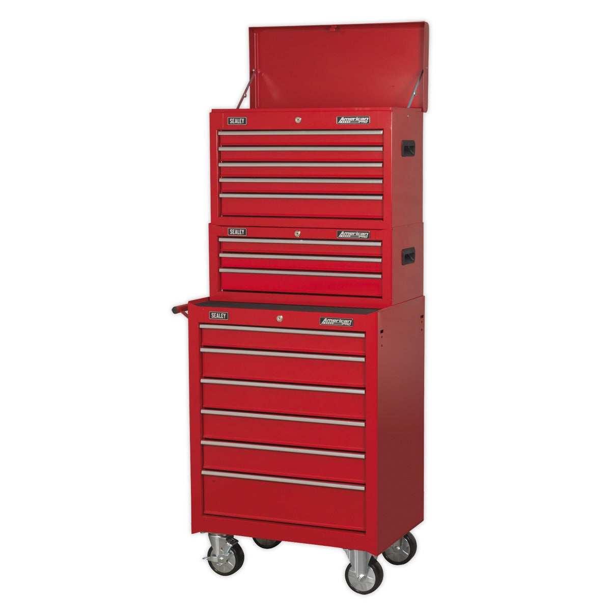 American PRO Topchest, Mid-Box Tool Chest & Rollcab Stack 14 Drawer - Red AP22STACK