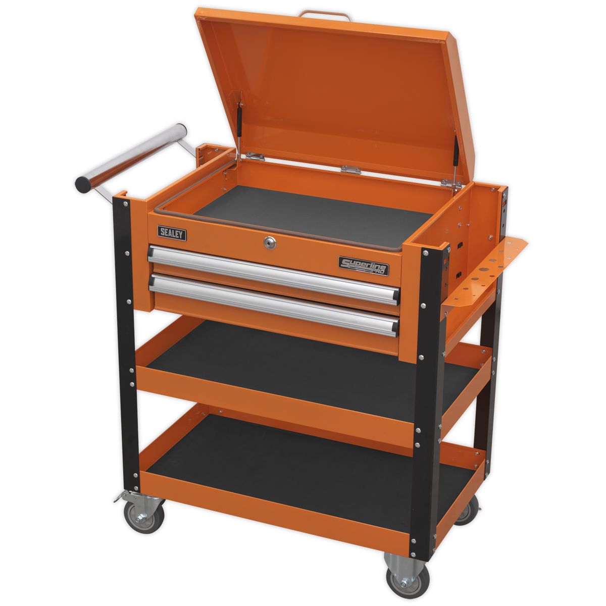 Sealey Heavy-Duty Mobile Tool & Parts Trolley 2 Drawers & Lockable Top Orange - Image 3