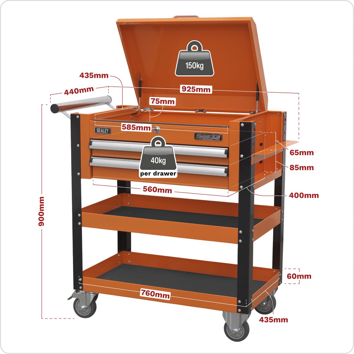 Sealey Heavy-Duty Mobile Tool & Parts Trolley 2 Drawers & Lockable Top Orange - Image 10
