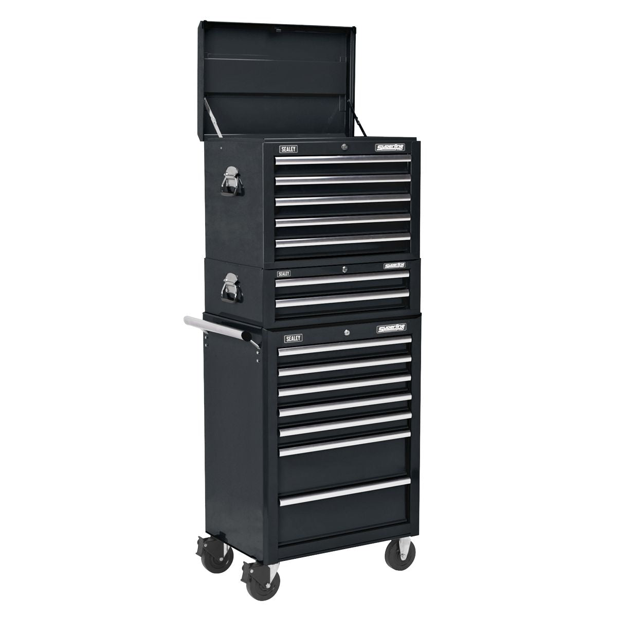 Sealey Topchest, Mid-Box & Rollcab Combination 14 Drawer with Ball-Bearing Slides Black - Image 1