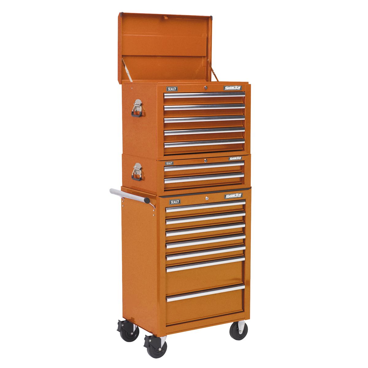 Sealey Topchest, Mid-Box & Rollcab Combination 14 Drawer with Ball-Bearing Slides Orange - Image 1