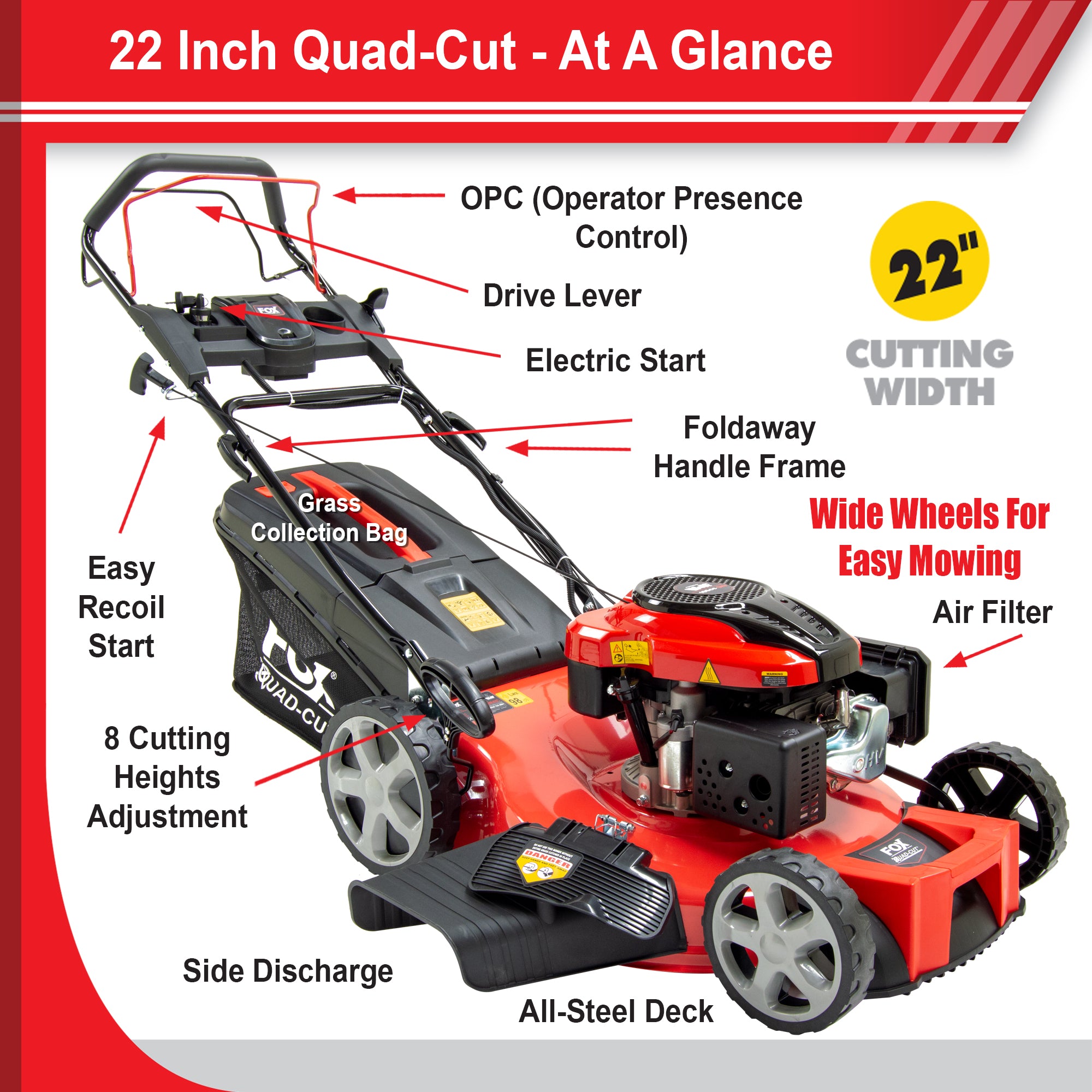 Fox Quad-Cut 560E 22" Electric Start Self Propelled Petrol Lawn Mower