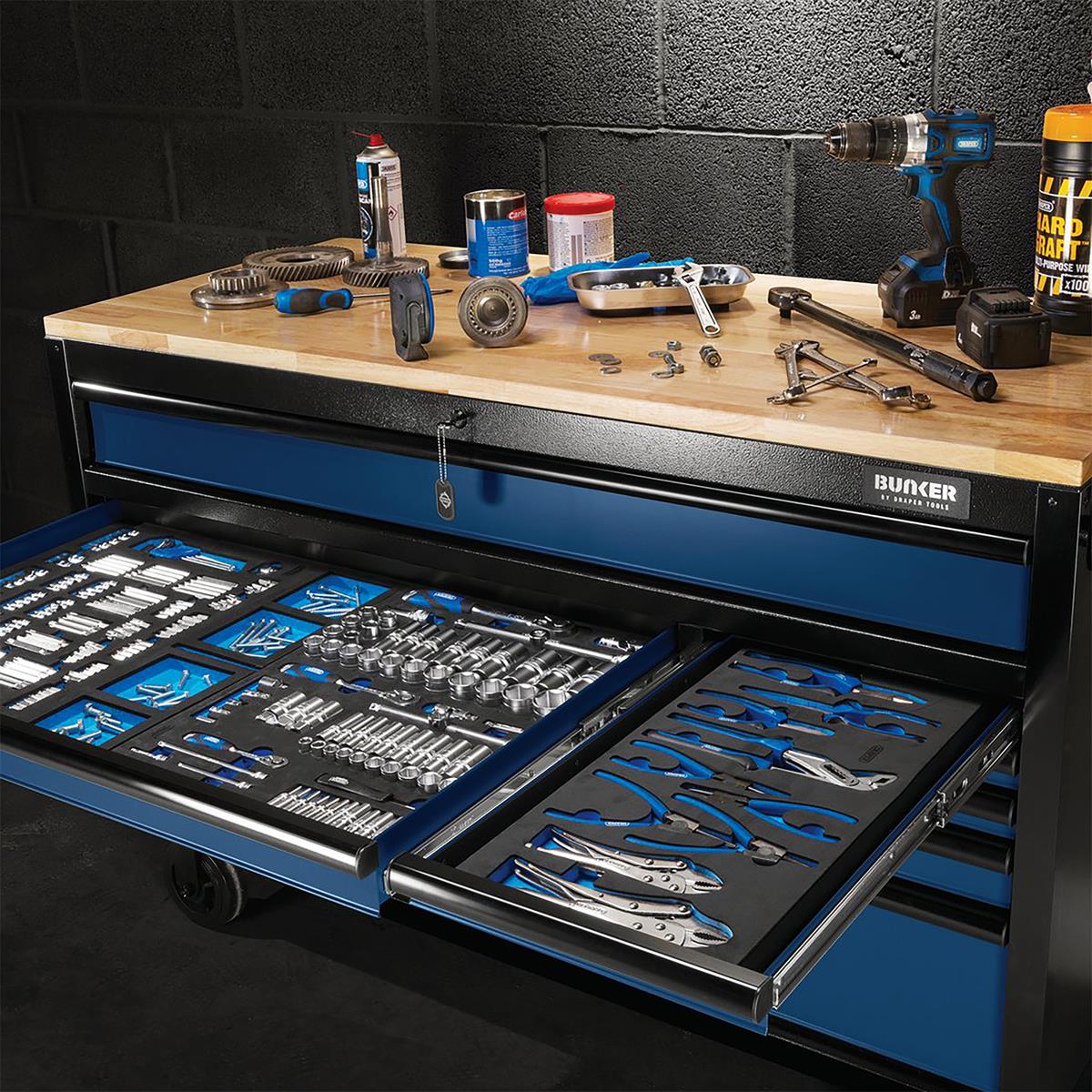 BUNKER Workbench Roller Tool Cabinet, 10 Drawer, 56", Blue - Image 4