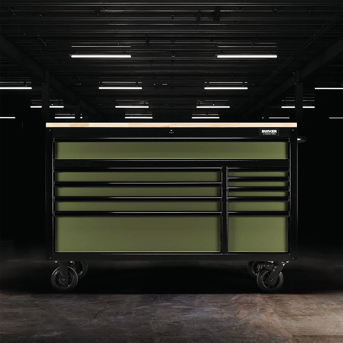 BUNKER Workbench Roller Tool Cabinet, 10 Drawer, 56", Green - Image 3