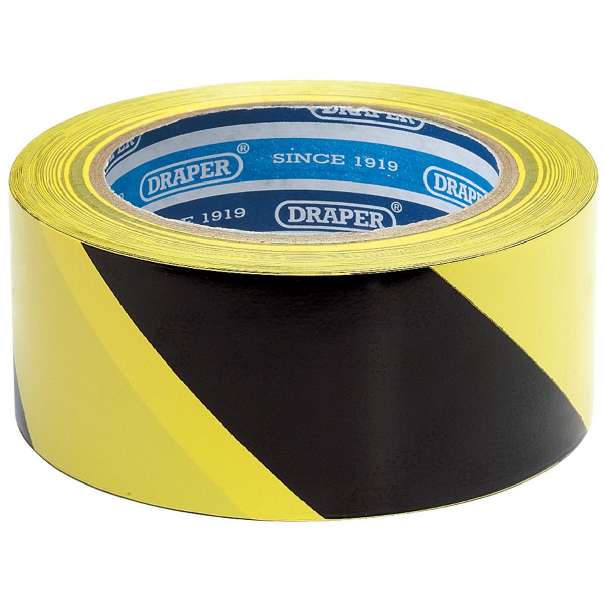 Draper Adhesive Hazard Tape Roll, 33m x 50mm, Black and Yellow - Image 1