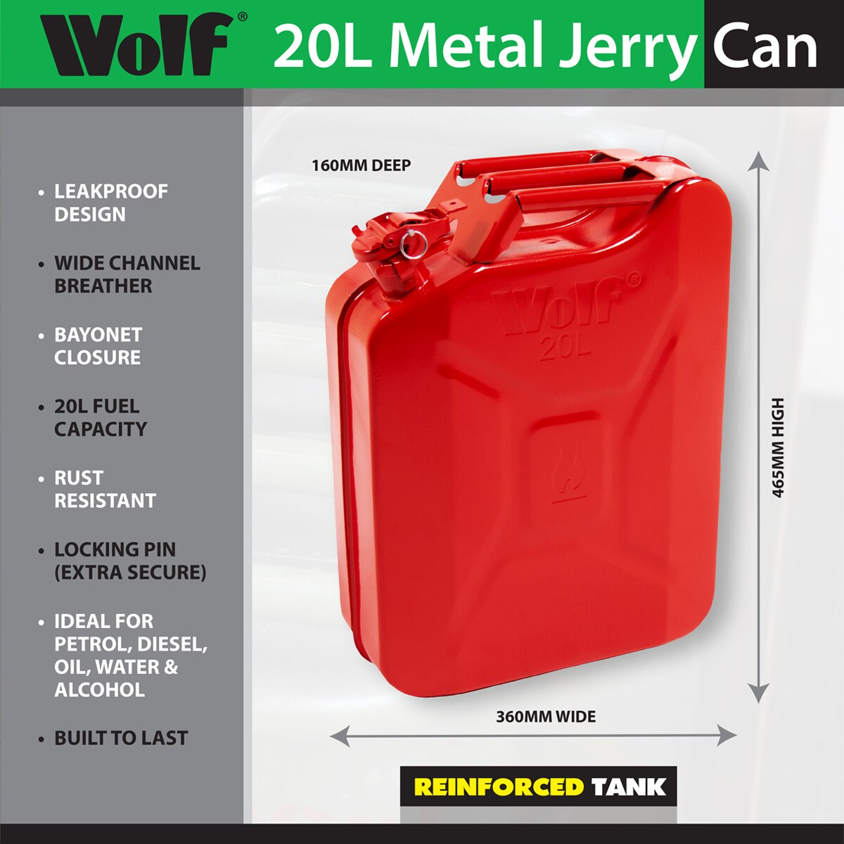 Wolf 20L Metal Jerry Can with Leak-Proof Bayonet Closure - Army Green - Image 10