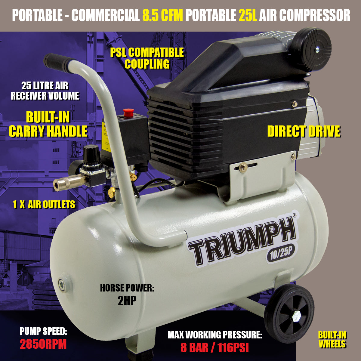 Triumph 10/25P Portable Commercial Air Compressor 25L 8.5CFM 2HP