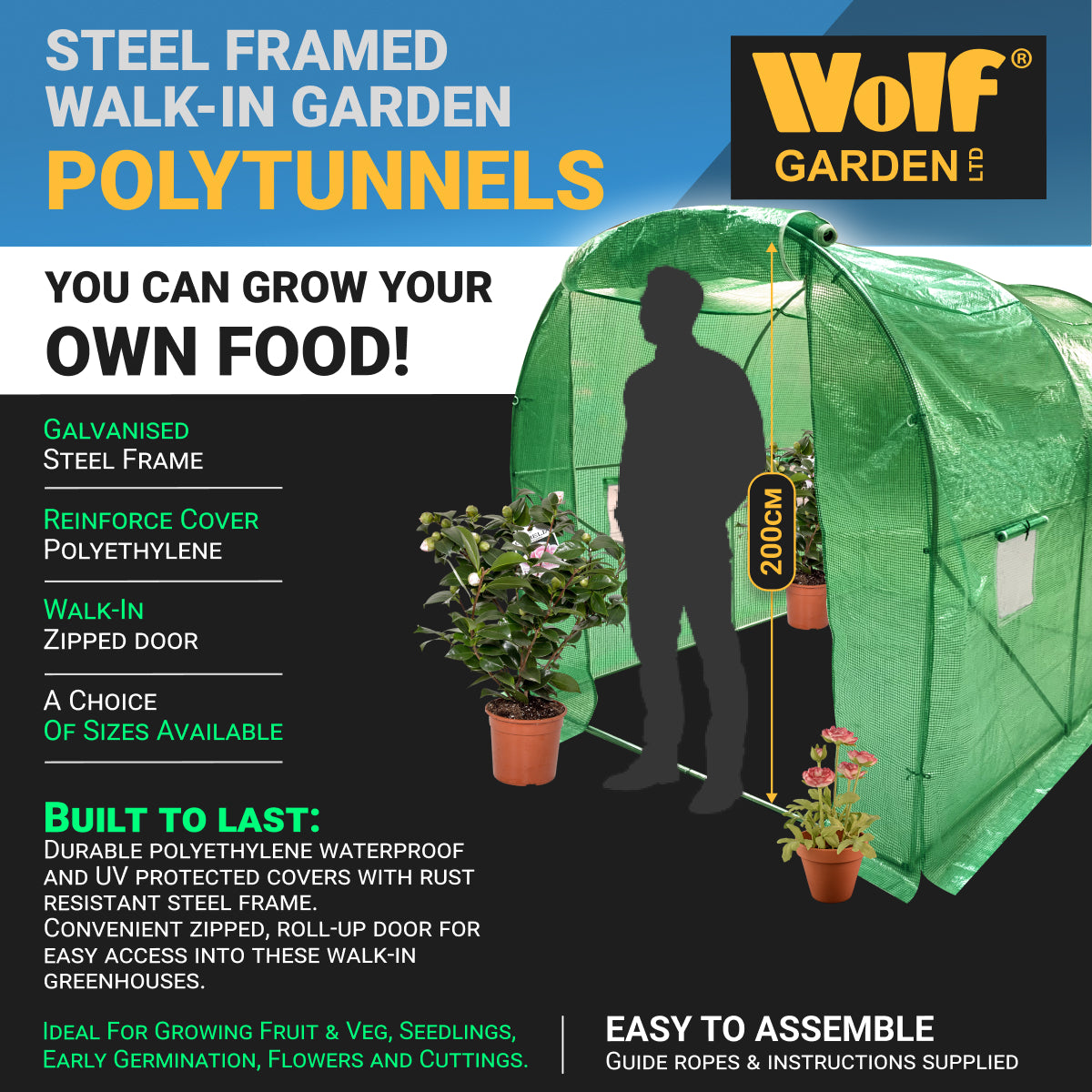 Wolf 3m x 3m Greenhouse Polytunnel Walk-In Garden Growhouse - Green