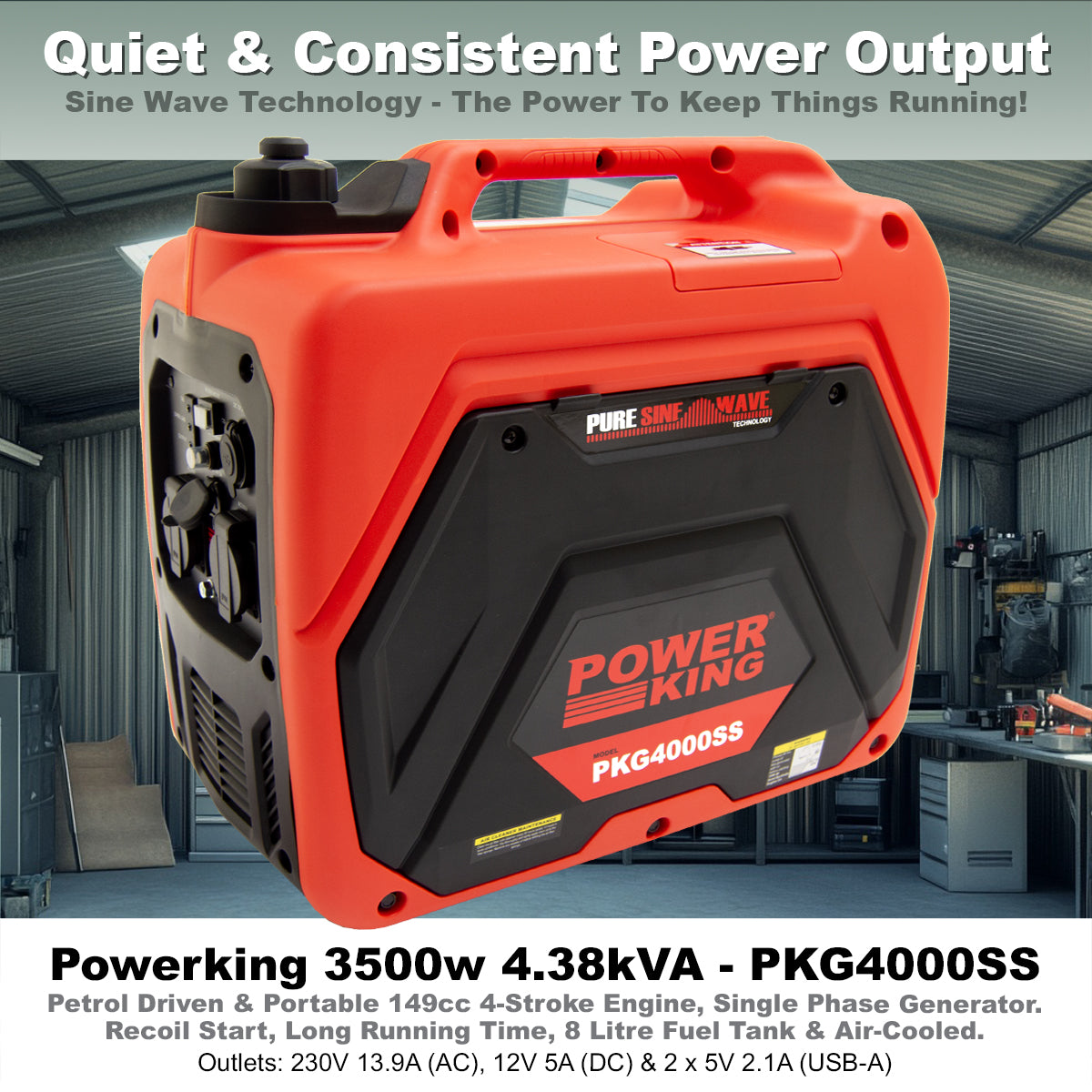 PowerKing 3500w 4.38kVA Silent Petrol Inverter Generator PKG4000SS