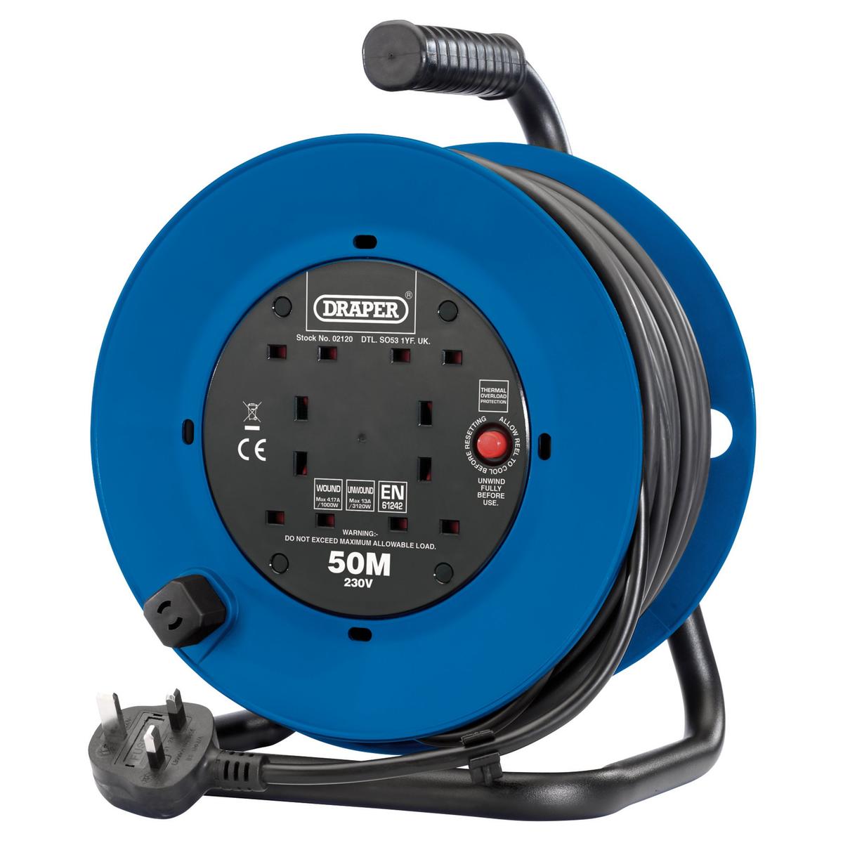 Draper 230V Four Socket Industrial Cable Reel, 50m - Image 1