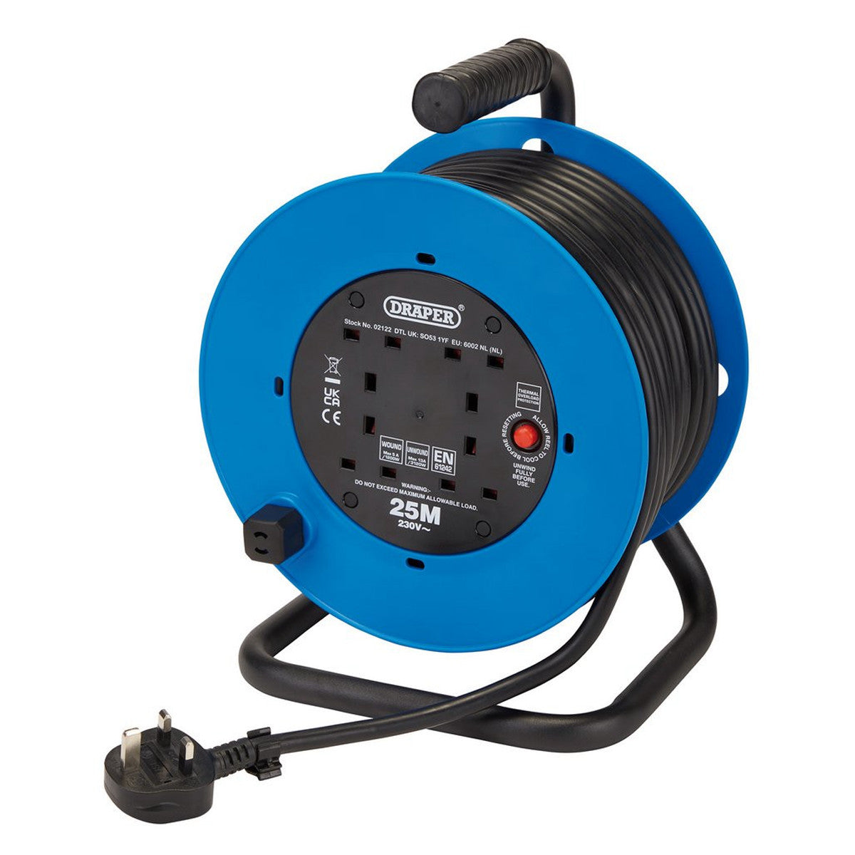 Draper 230V Heavy Duty Industrial Four Socket Cable Reel, 25m 02122