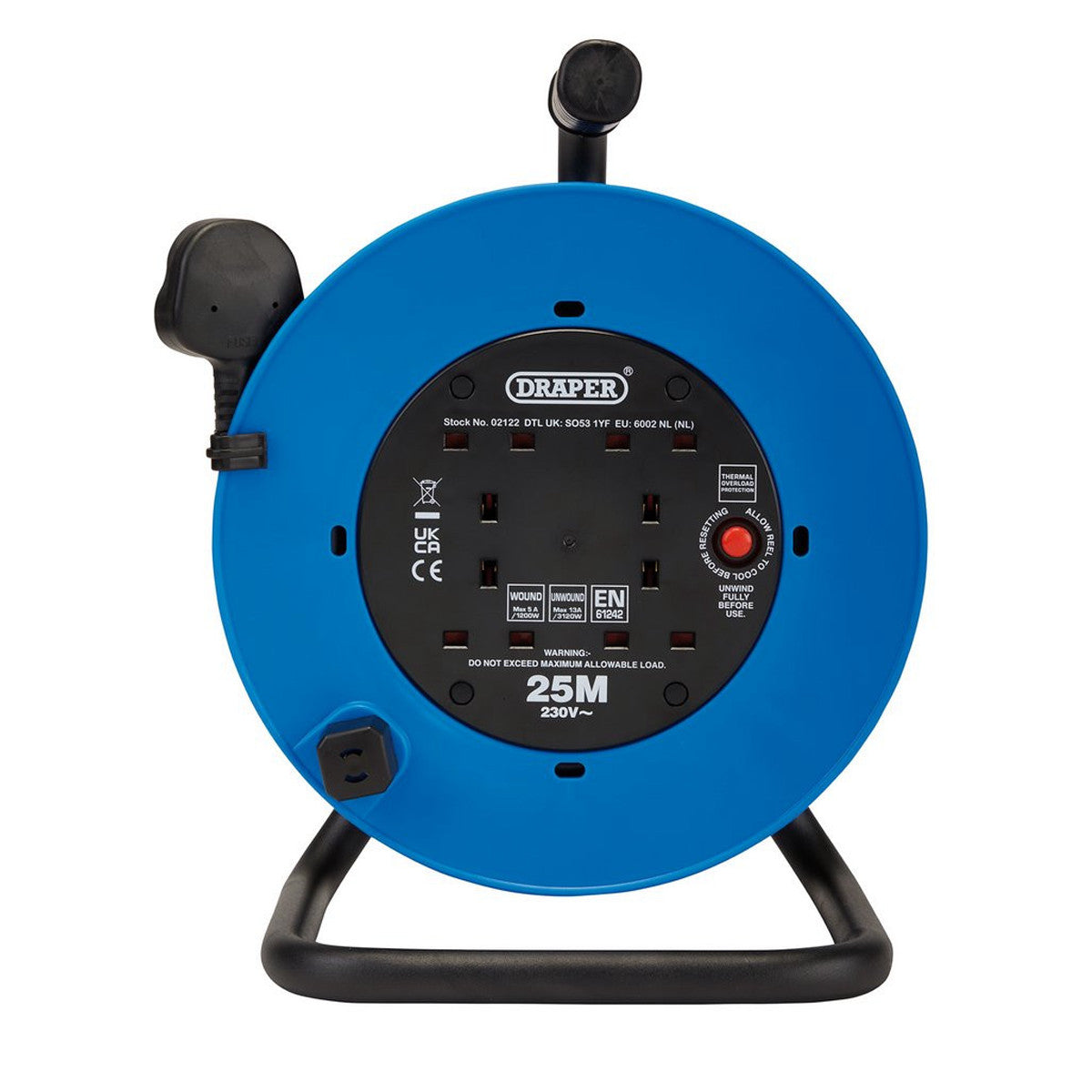 Draper 230V Heavy Duty Industrial Four Socket Cable Reel, 25m 02122