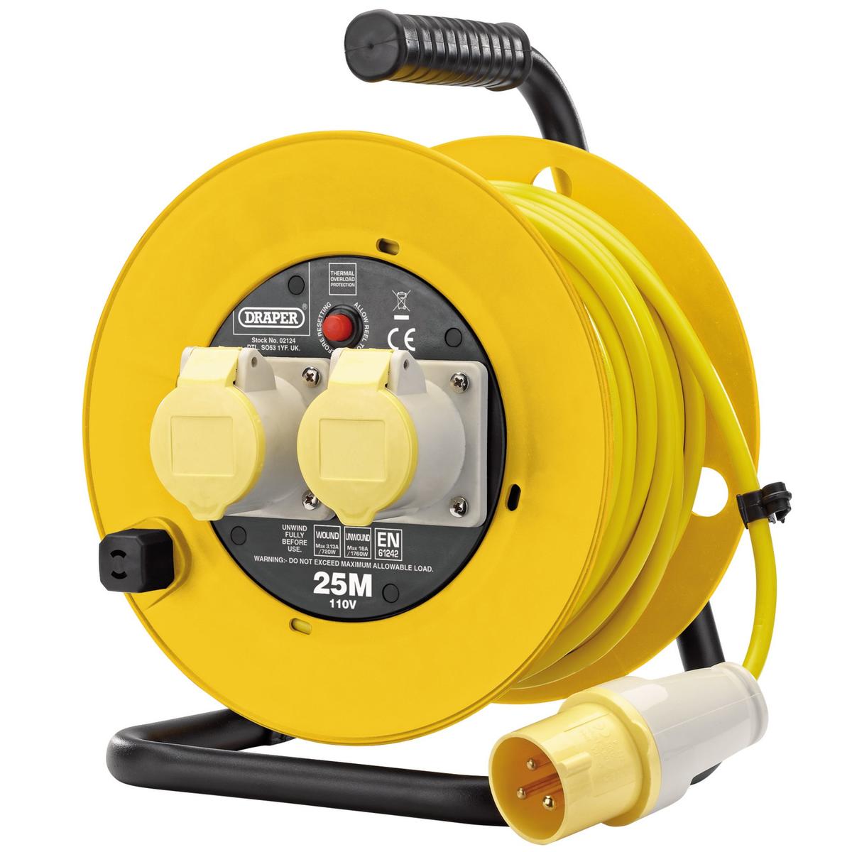Draper 110V Twin Extension Cable Reel, 25m - Image 1
