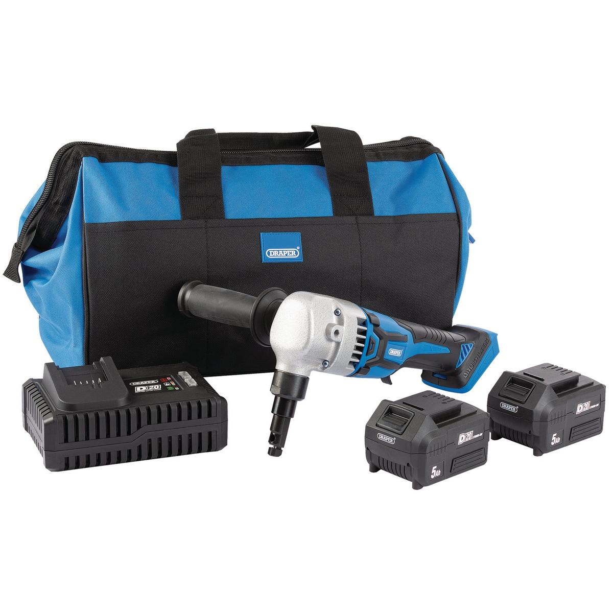 Draper D20 20V Brushless Nibbler, 2 x 5.0Ah Batteries, 1 x Fast Charger, 1 x Bag - Image 1