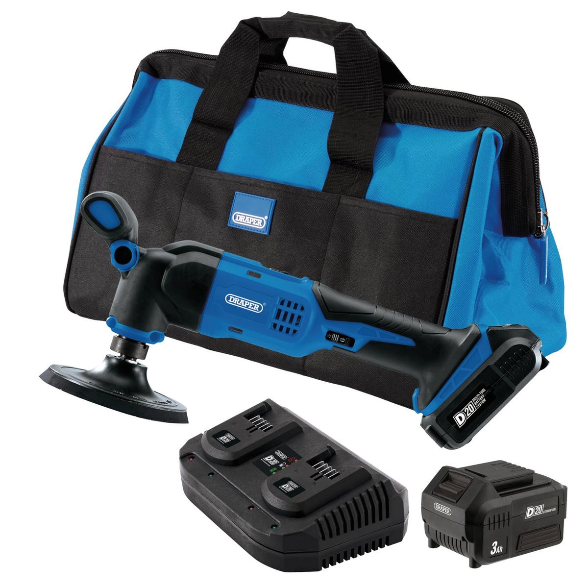 Draper D20 20V Dual Action Polisher Kit, 125mm, 2 x 3.0Ah Batteries, 1 x Fast Charger - Image 1