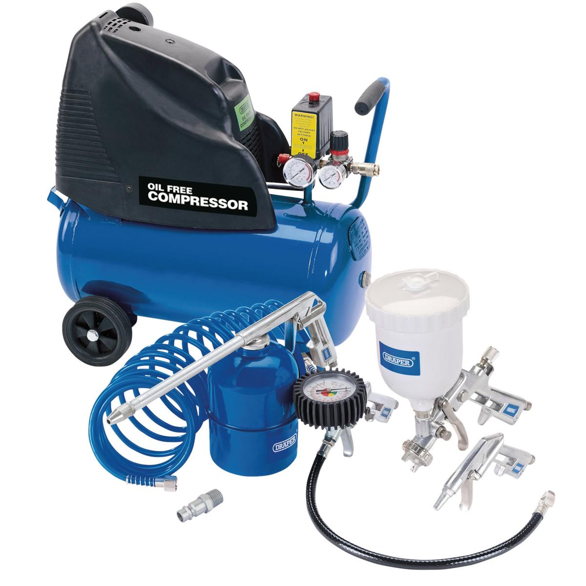 Draper Direct Drive Oil Free Air Compressor, 24L & Air Tool Kit - Image 1
