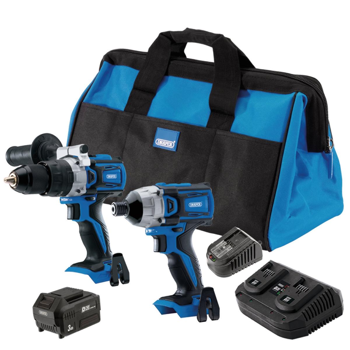 Draper D20 20V Combi/Driver Kit, 1 x 4.0Ah Battery, 1 x 3.0Ah Battery, 1 x Charger - Image 1