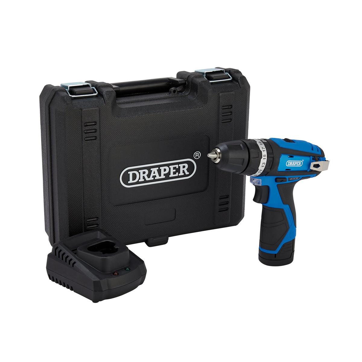 Draper 12V Combi Drill, 1 x 1.5Ah Battery, 1 x Fast Charger - Image 1
