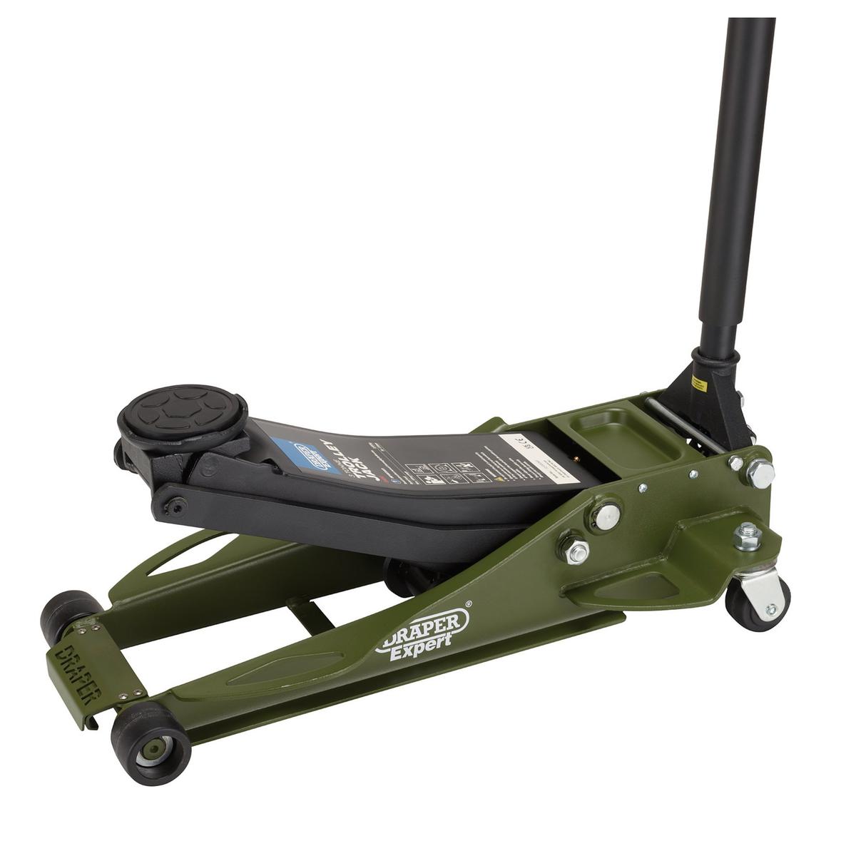 Draper Expert Professional Low Profile Fast Lift Garage Trolley Jack, 3 Tonne, Green - Image 1