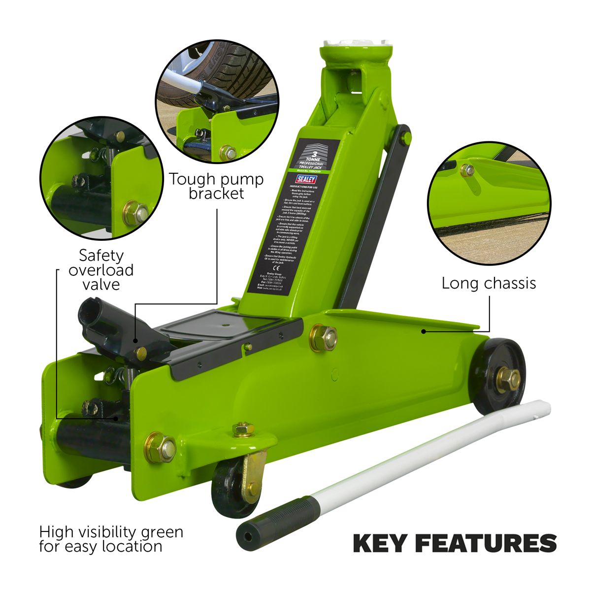 Sealey Long Reach Heavy-Duty Trolley Jack 3 Tonne - Green - Image 2