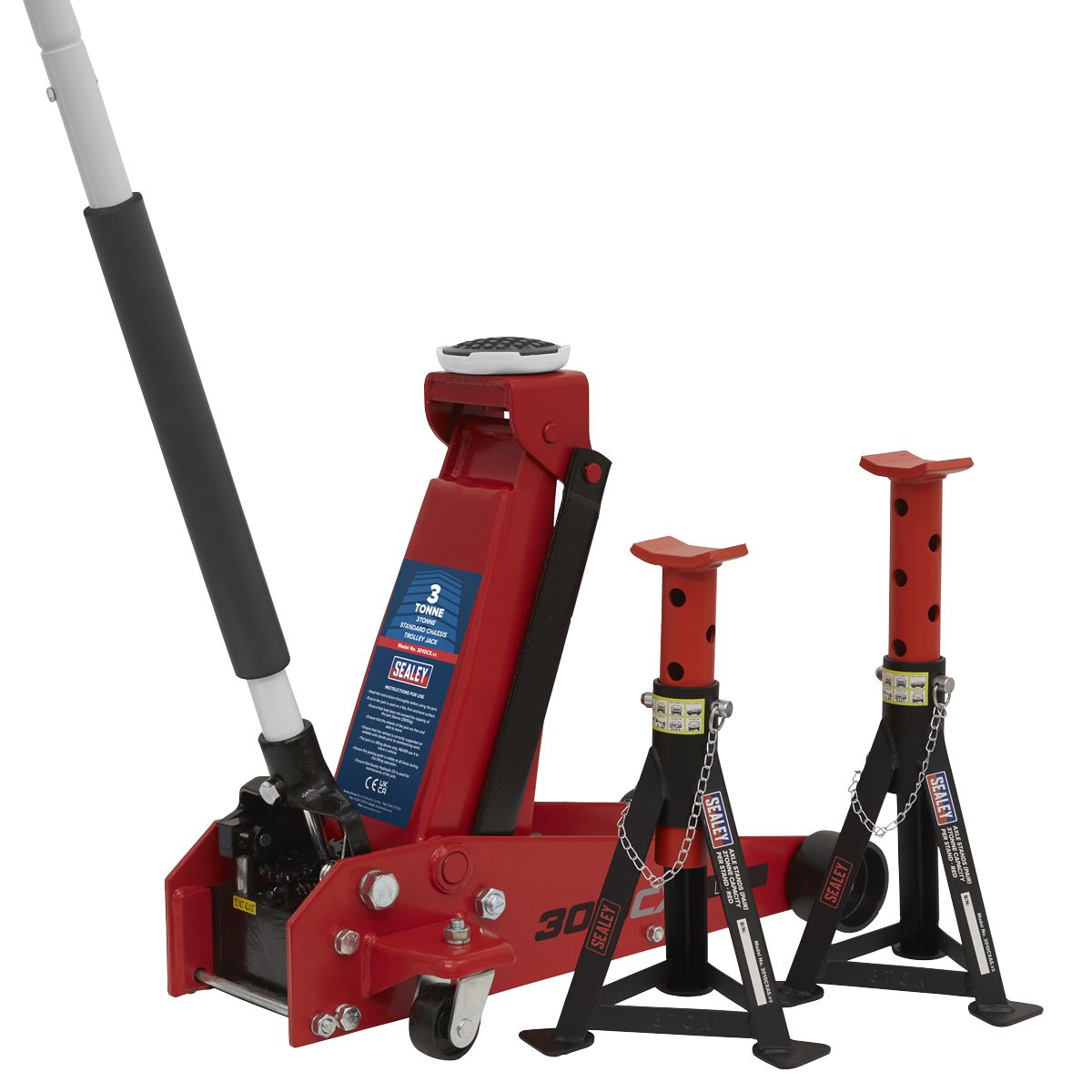 Sealey Standard Chassis Trolley Jack 3 Tonne with Axle Stands (Pair) 3 Tonne Capacity per Stand - Image 1