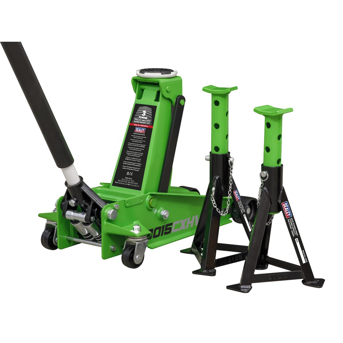Sealey Trolley Jack with Super Rocket Lift 3 Tonne & Axle Stands (Pair) 3 Tonne Capacity per Stand - Green - Image 1