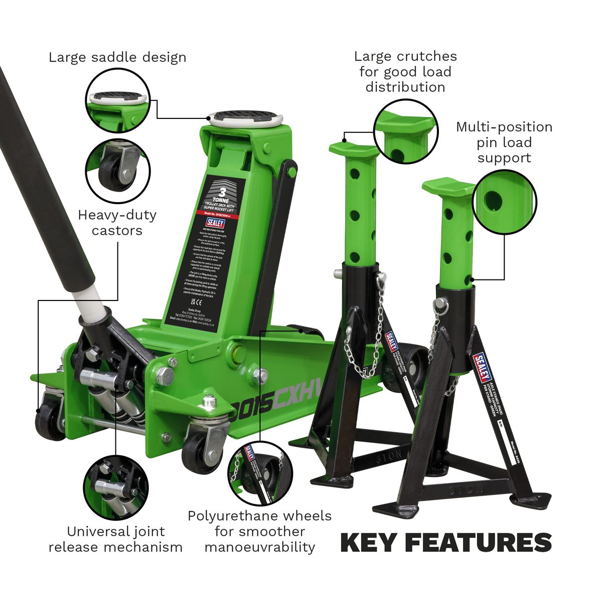 Sealey Trolley Jack with Super Rocket Lift 3 Tonne & Axle Stands (Pair) 3 Tonne Capacity per Stand - Green - Image 3