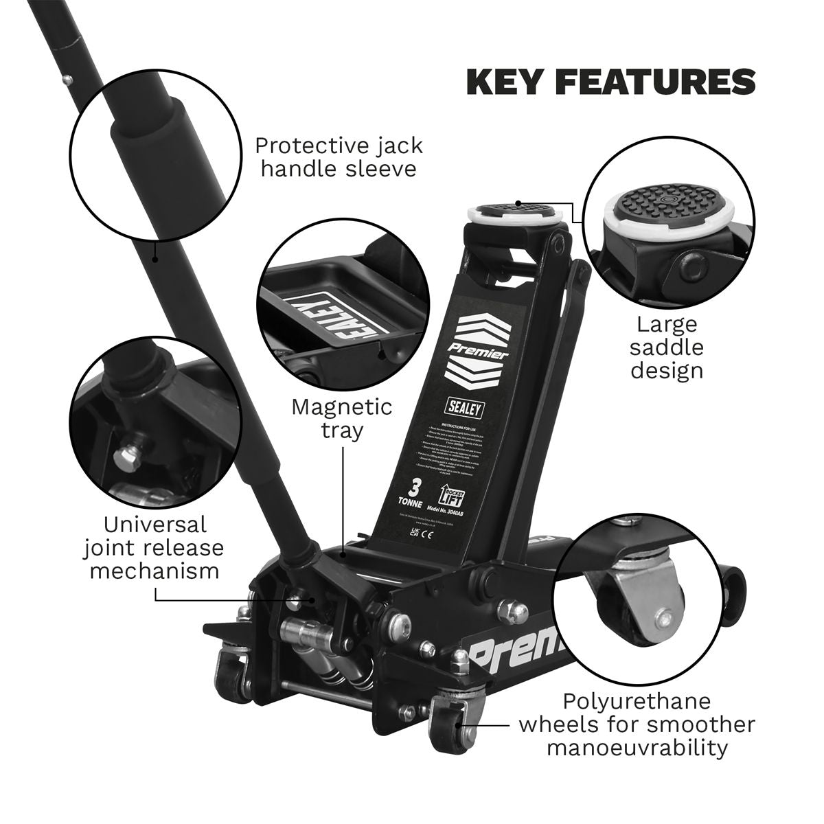 Sealey Premier Low Profile Trolley Jack with Rocket Lift 3 Tonne - Black - Image 6