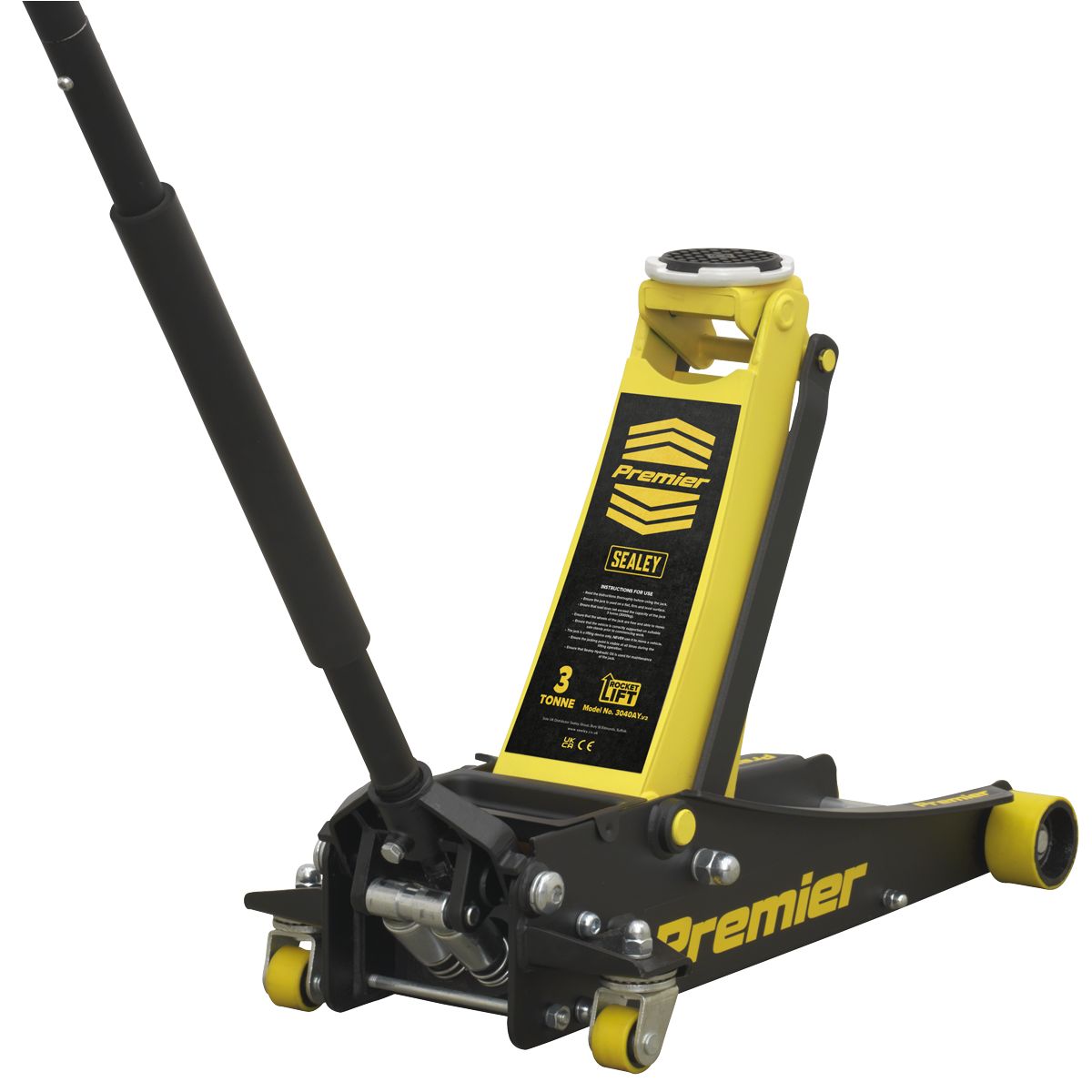 Sealey Premier Low Profile Trolley Jack with Rocket Lift 3 Tonne - Yellow - Image 1