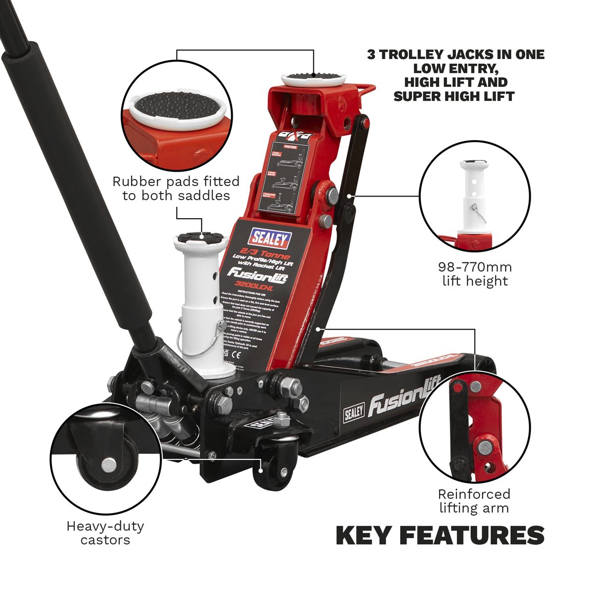 Sealey Low Profile High Lift Trolley Jack with Rocket Lift 2 & 3 Tonne - Image 6