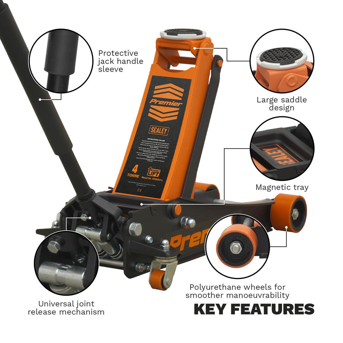 Sealey Premier Low Profile Trolley Jack with Rocket Lift 4 Tonne - Orange - Image 4