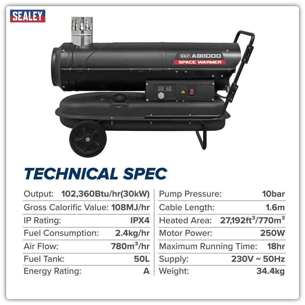 Sealey Space Warmer Indirect Kerosene/Diesel Heater with Wheels 102,000Btu/hr ABI1000