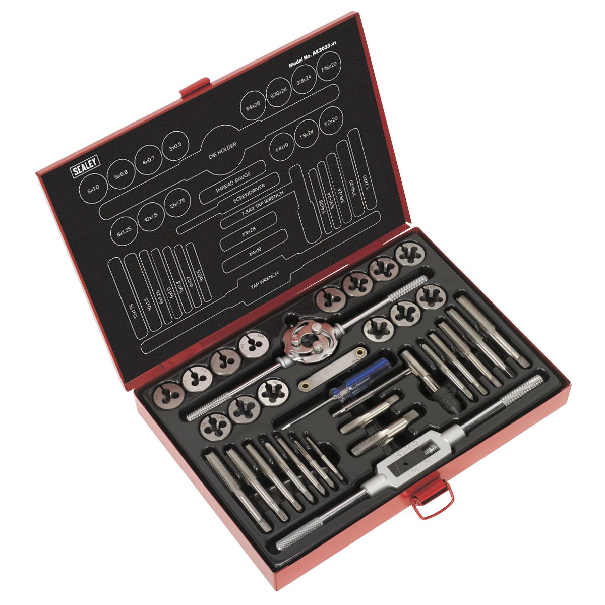 Sealey Metric/UNF/BSP Tap & Die Set Split Dies 33pc - Image 1